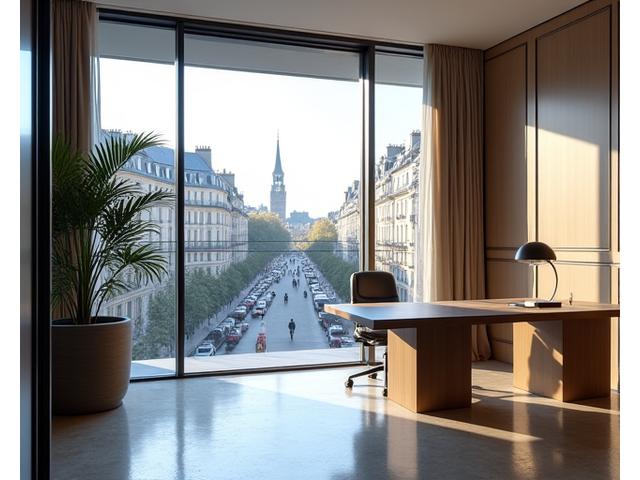 Intérieur de bureau élégant d'Évasion Privée avec vue sur Paris