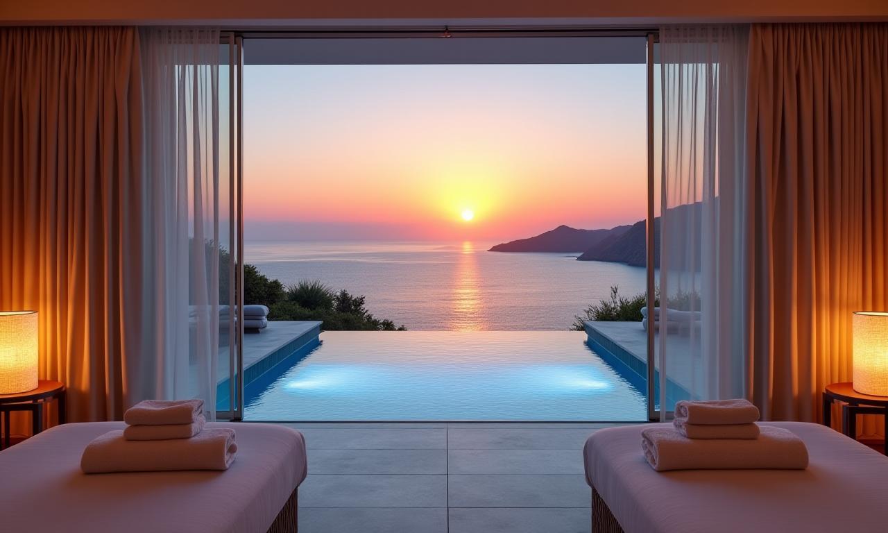 Vue d'une suite d'hôtel de luxe avec piscine et vue sur la mer