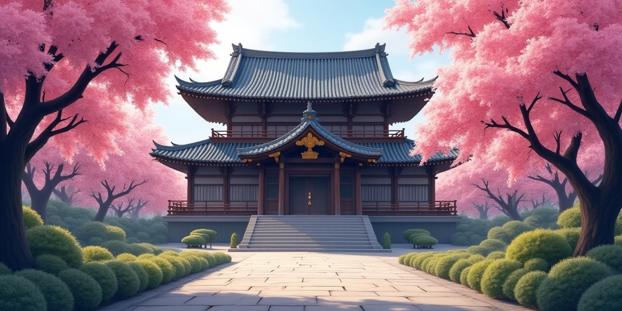 Kyoto, temple traditionnel japonais avec des cerisiers en fleurs
