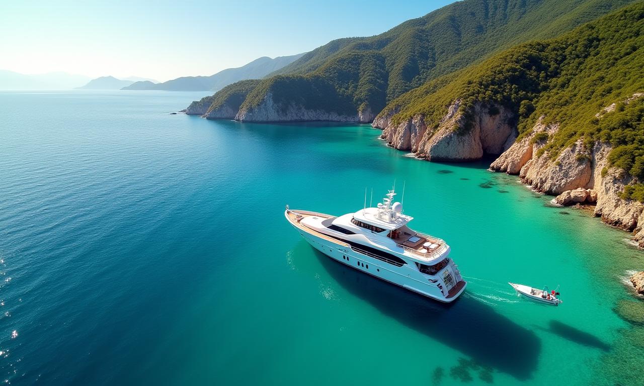 Vue aérienne d'un yacht de luxe avec l'océan turquoise et une côte montagneuse.