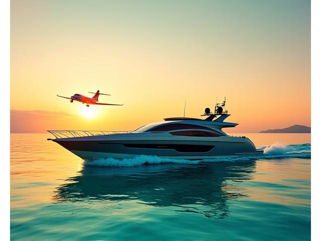 Yacht de luxe naviguant sur une mer azur au coucher du soleil, avec un jet privé en arrière-plan, illustrant les charters de yachts et jets privés d'Évasion Privée