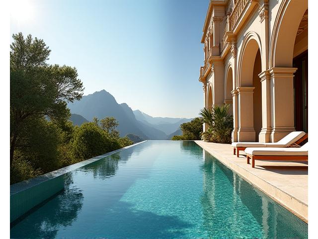 Façade d'un hôtel de luxe historique avec un majordome accueillant, et intérieur d'une villa privée avec piscine à débordement, montrant les réservations d'hôtels et villas d'exception d'Évasion Privée